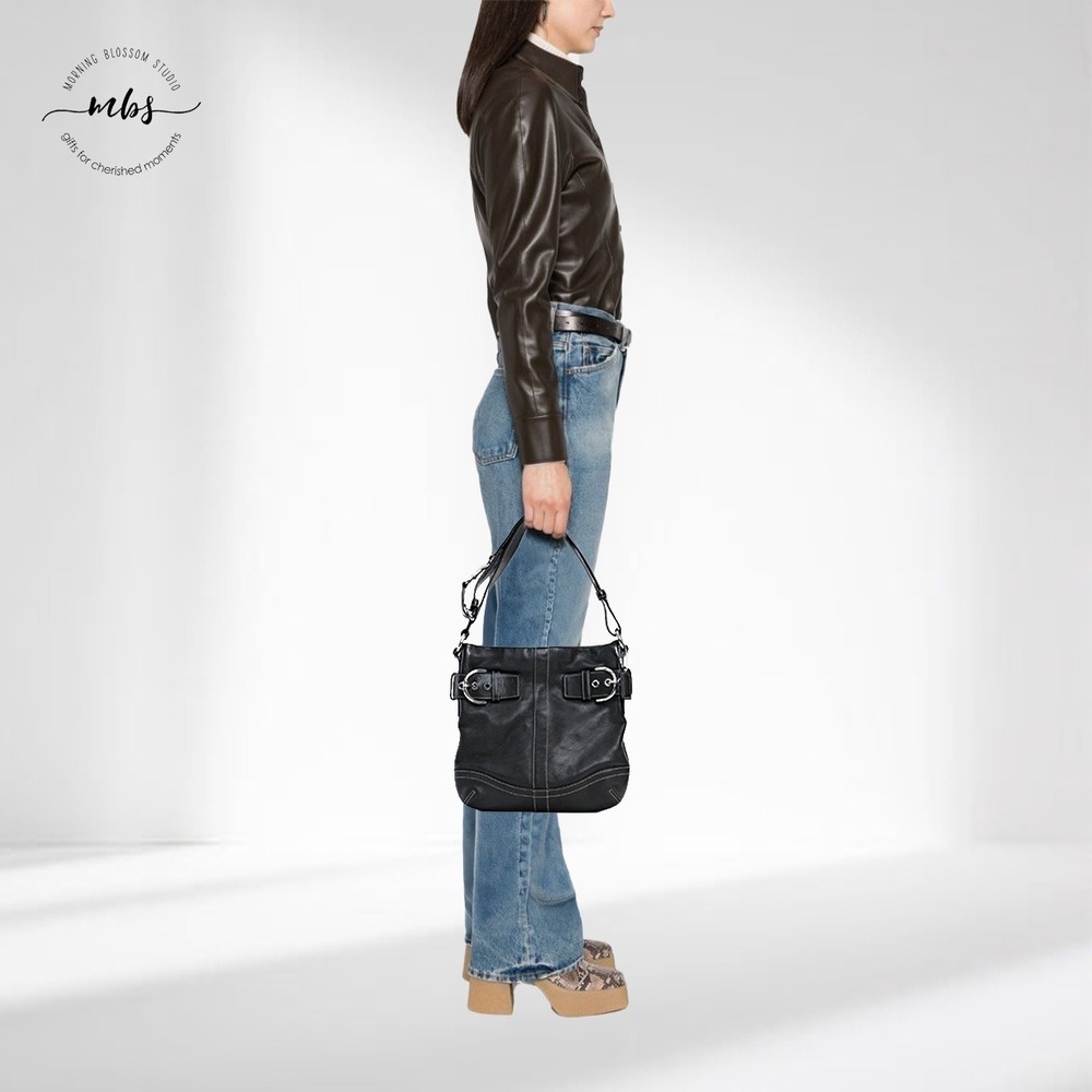 Coach Vintage Y2K Soho Leatherโ Buckle Contrast Stitch Hobo Shoulder Bag Black